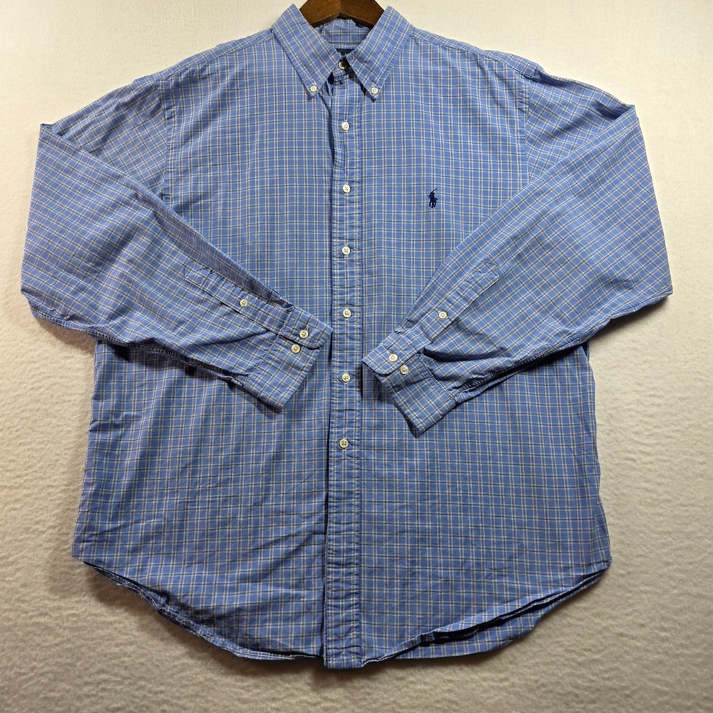 Polo Ralph Lauren‎ Mens Blue Plaid Button Down Shirt Classic Fit Cotton XL 0302